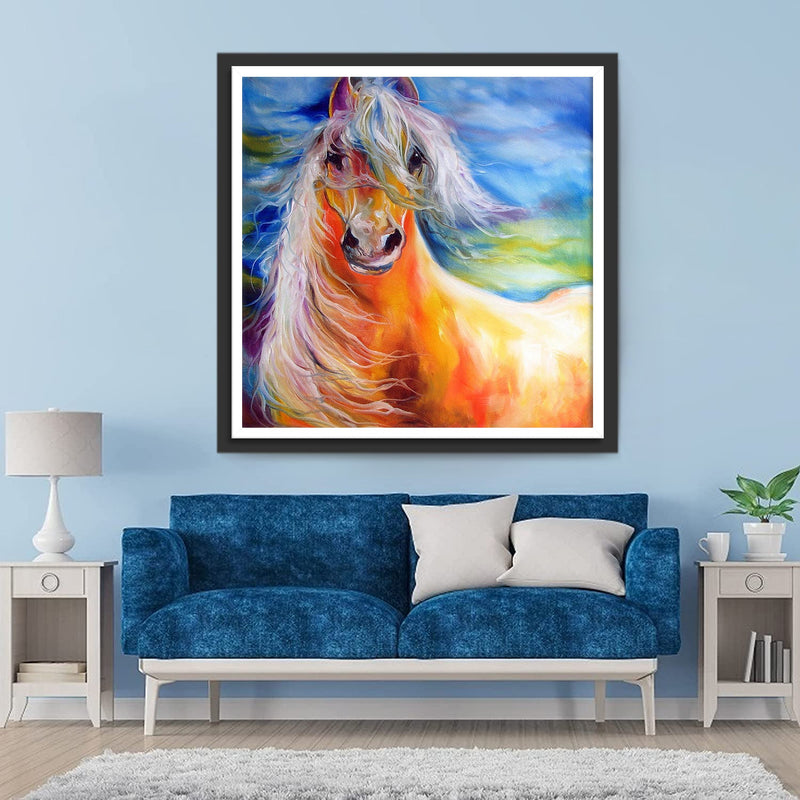 Cheval Orange à la Crinière Colorée Broderie Diamant
