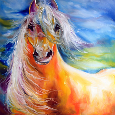 Cheval Orange à la Crinière Colorée Broderie Diamant