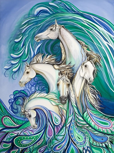 Chevaux Blancs avec des Plumes de Paon Broderie Diamant