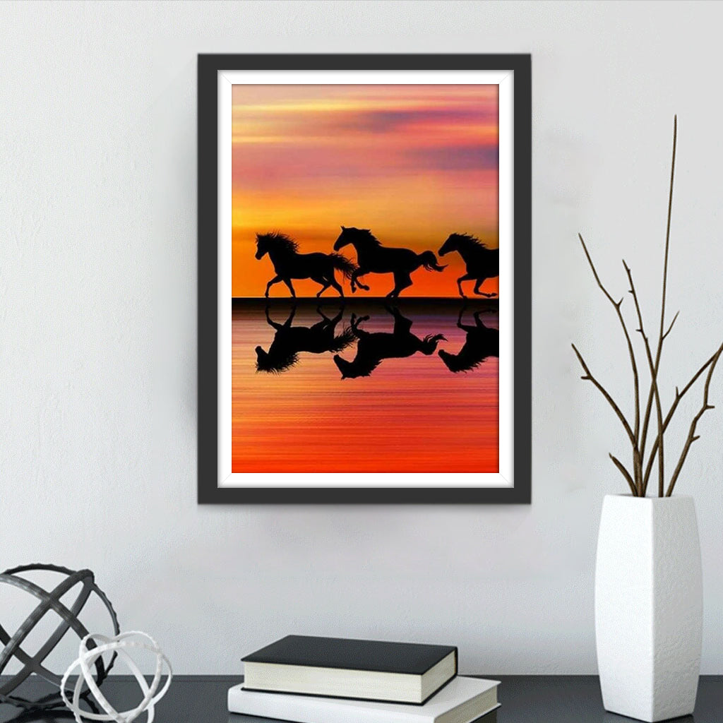 Chevaux Courant sous le Ciel Rouge Broderie Diamant