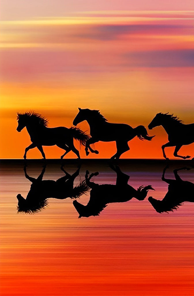 Chevaux Courant sous le Ciel Rouge Broderie Diamant