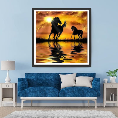 Chevaux Courant sous le Soleil Couchant Broderie Diamant