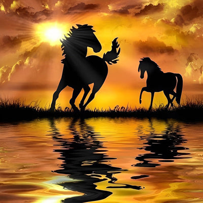 Chevaux Courant sous le Soleil Couchant Broderie Diamant