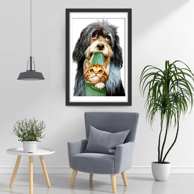 Chien avec un Chat dans la Gueule Broderie Diamant