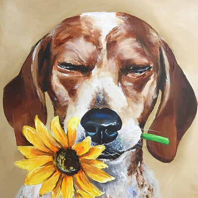 Chien Beagle Tenant un Tournesol dans Sa Gueule Broderie Diamant