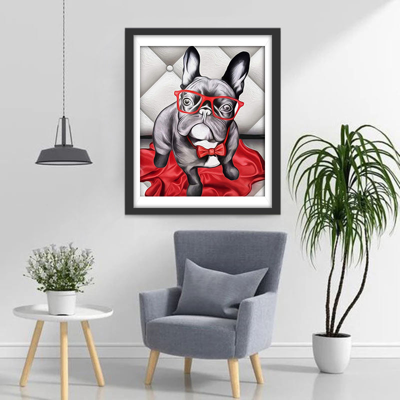 Chien Bouledogue avec des Lunettes Rouges Broderie Diamant