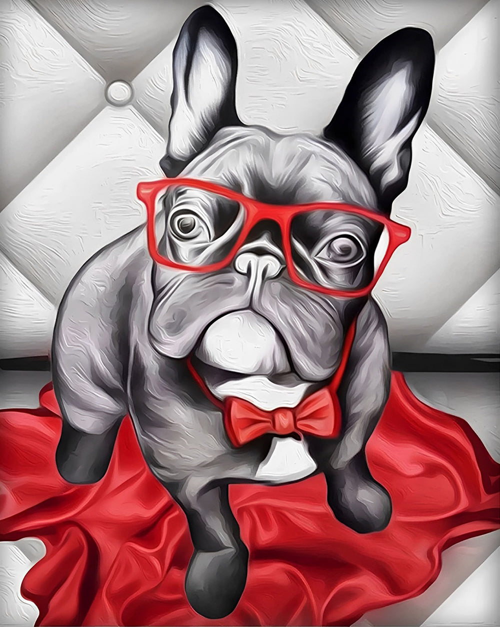 Chien Bouledogue avec des Lunettes Rouges Broderie Diamant