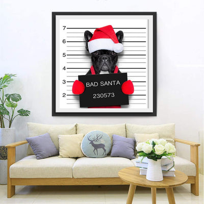 Chien Bouledogue Noir Méchant Père Noël Broderie Diamant