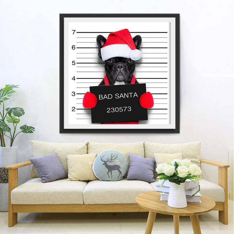 Chien Bouledogue Noir Méchant Père Noël Broderie Diamant