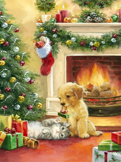 Chien et Chaton devant la Cheminée Broderie Diamant