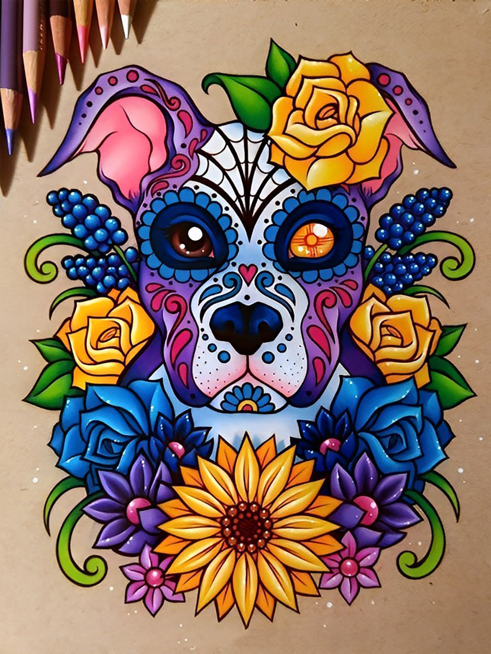 Chien et Fleurs Broderie Diamant
