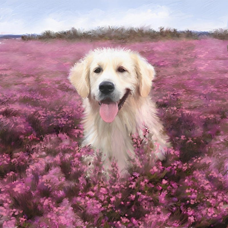 Chien Golden Retriever au Milieu de Fleurs Violettes Broderie Diamant