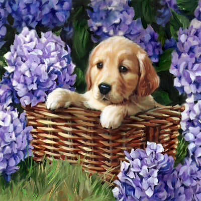 Chien Golden Retriever et les Hortensias Violets Broderie Diamant