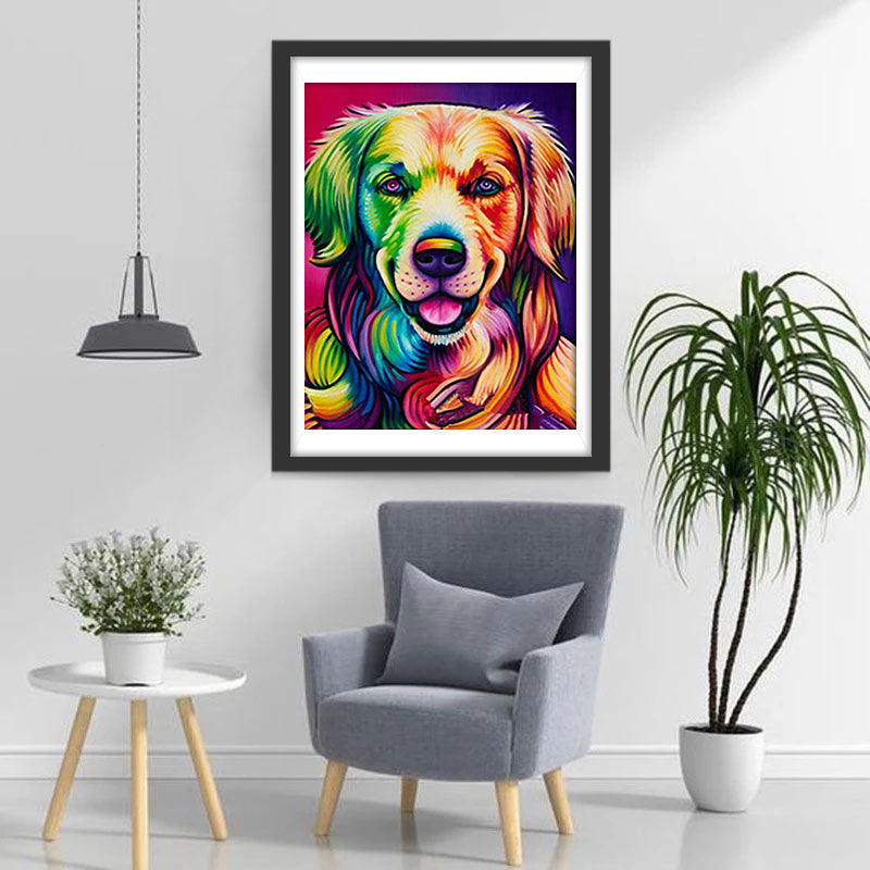 Chien Golden Retriever Multicolore avec un Sourire Broderie Diamant
