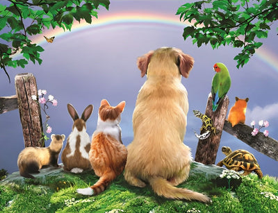 Chien Golden Retriever Regardant l'Arc-en-ciel avec Autres Animaux Broderie Diamant