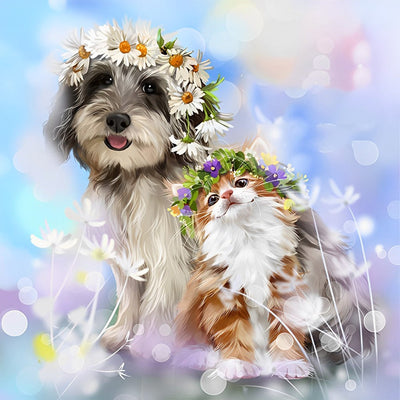 Chien Gris-Blanc avec Couronne de Fleurs Broderie Diamant