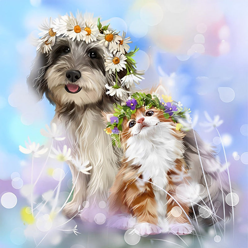 Chien Gris-Blanc avec Couronne de Fleurs Broderie Diamant