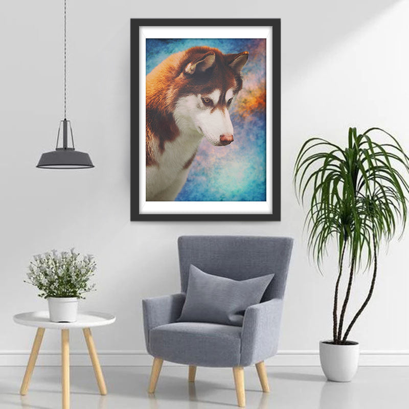 Chien Husky Roux et Blanc Broderie Diamant