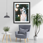 Chien Husky Tournant autour de la Petite Lampe Broderie Diamant