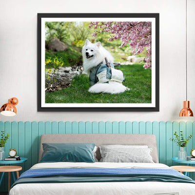 Chien Samoyède et les Fleurs de Pêcher Broderie Diamant