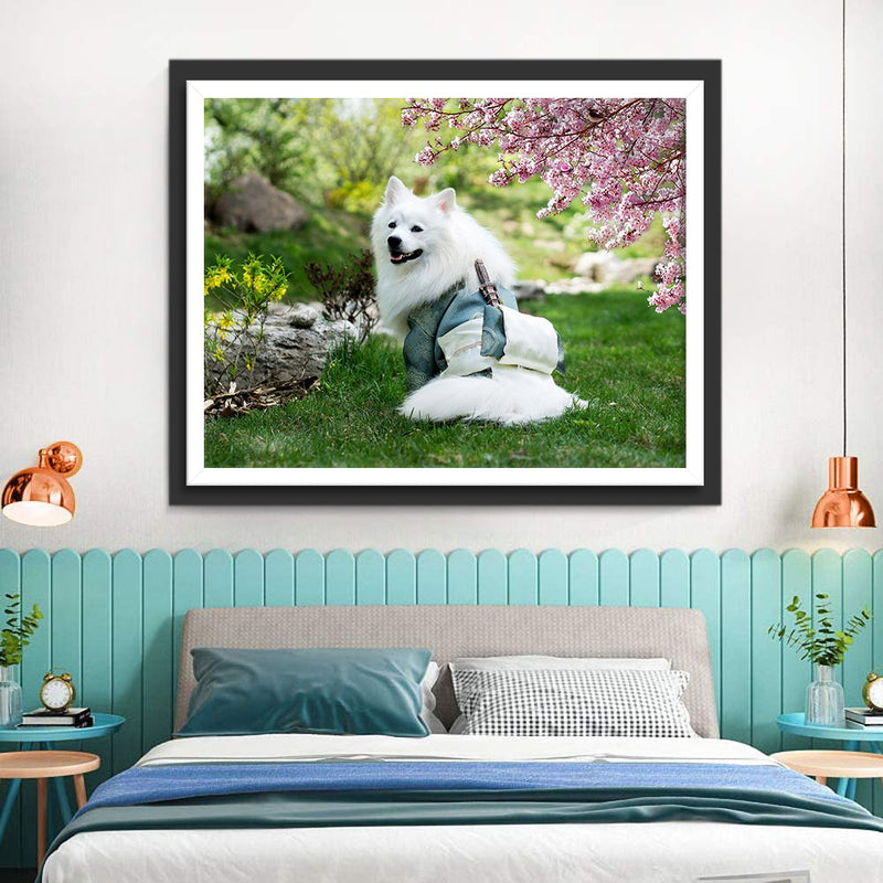 Chien Samoyède et les Fleurs de Pêcher Broderie Diamant