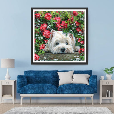 Chien Westie dans les Buissons de Fleurs Broderie Diamant