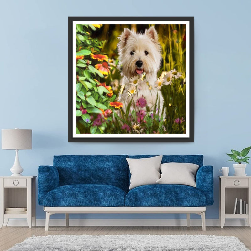 Chien Westie et Marguerites Colorés Broderie Diamant