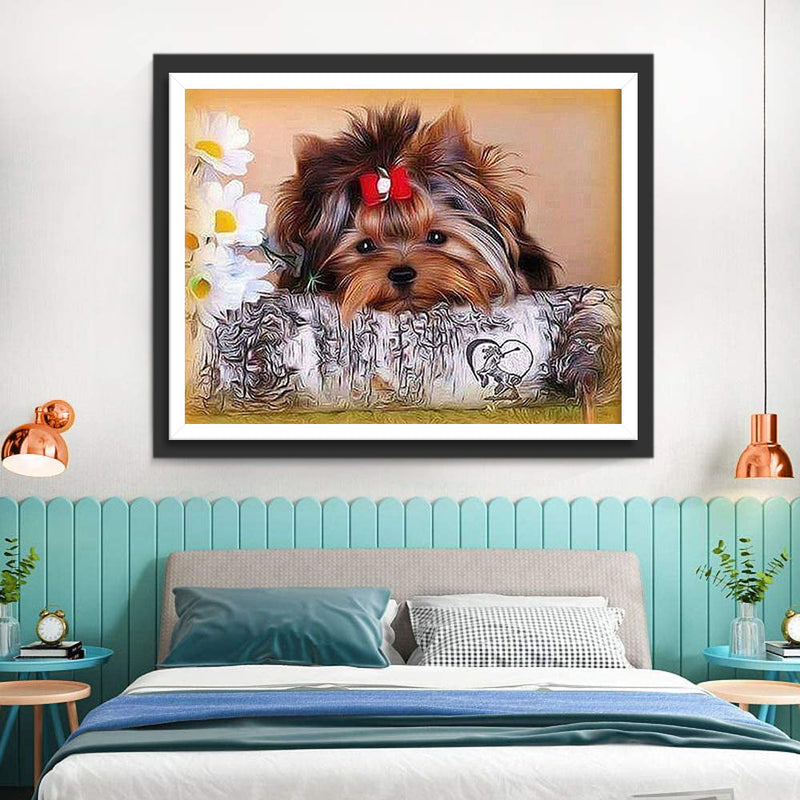 Chien Yorkshire Terrier et des Fleurs Blanches Broderie Diamant