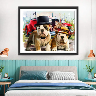 Chiens Bouledogue Anglais et Voiture Décapotable Broderie Diamant