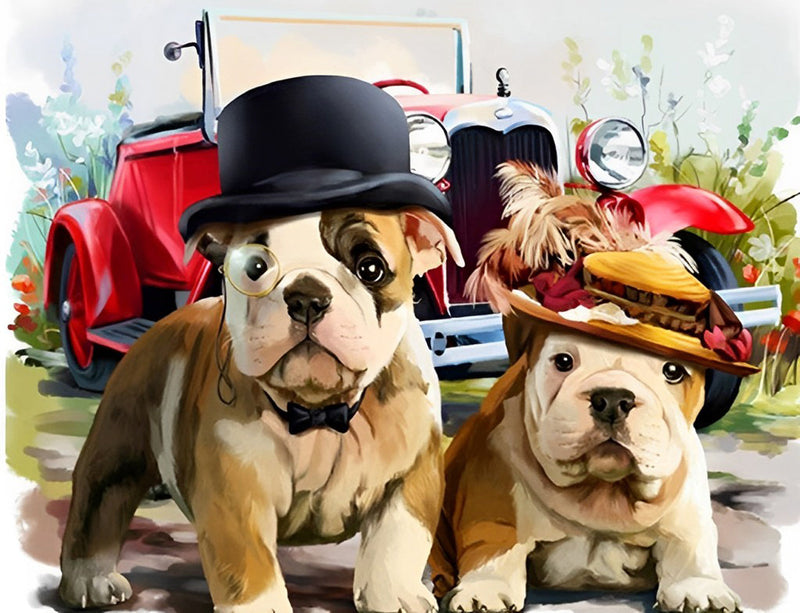 Chiens Bouledogue Anglais et Voiture Décapotable Broderie Diamant