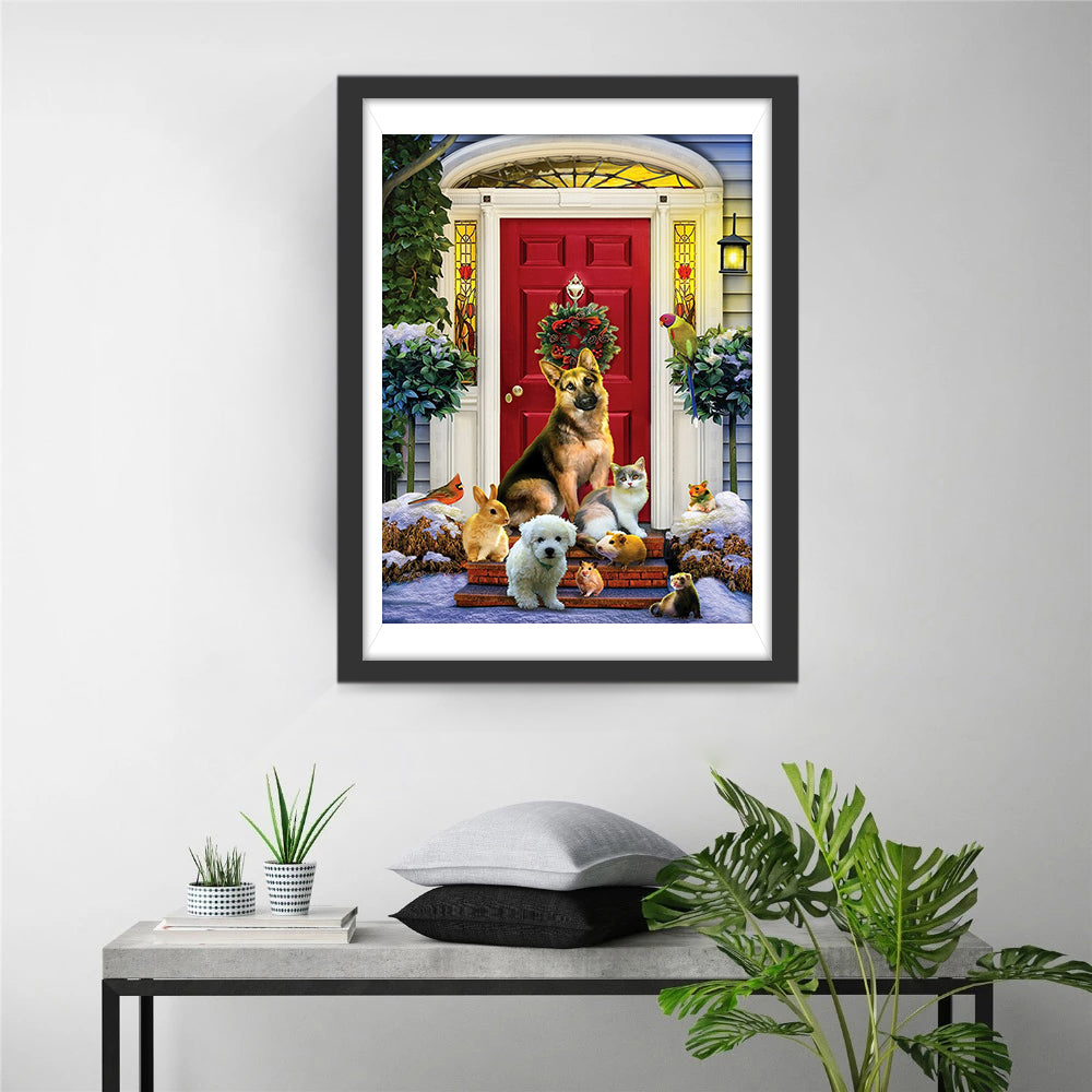 Chiens et Chats à la Porte Broderie Diamant