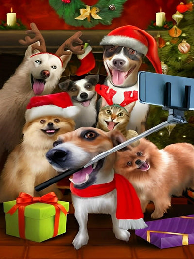 Chiens et Chats dans les Selfies de Noël Broderie Diamant