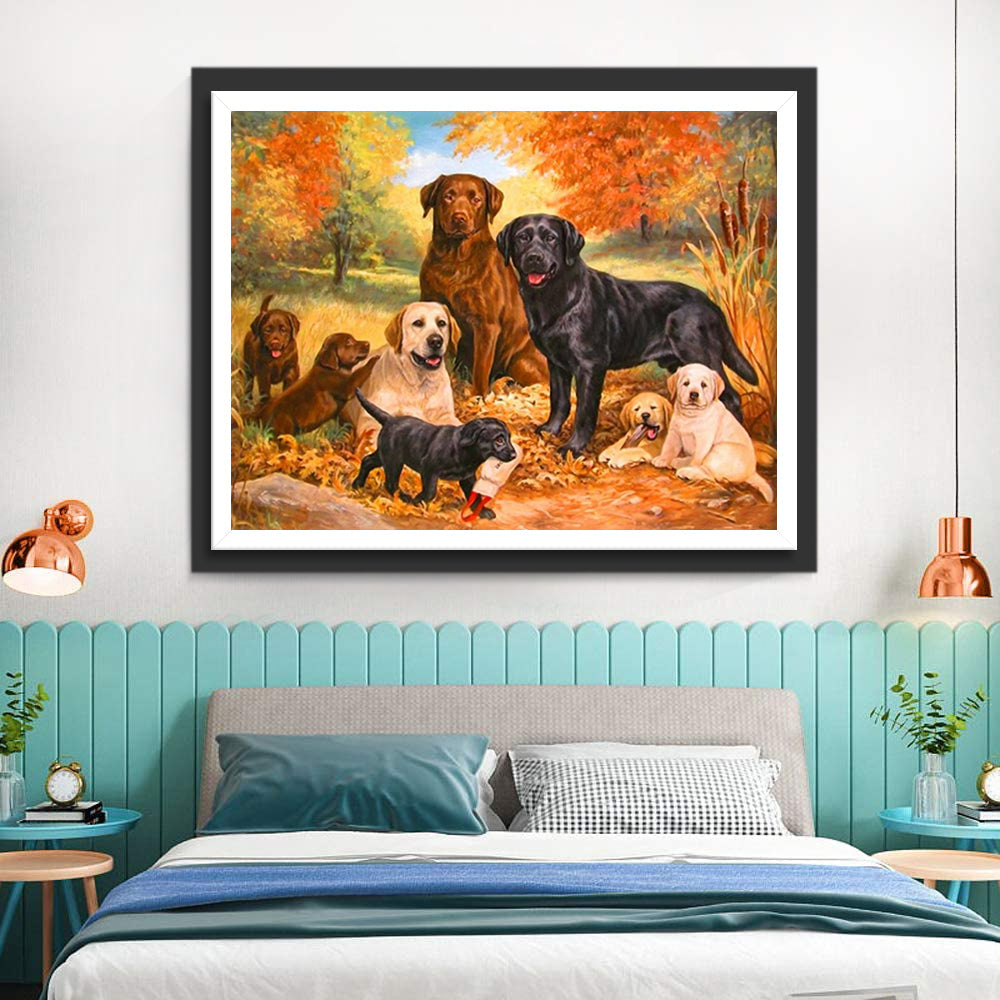Chiens et Feuilles d'Automne Broderie Diamant