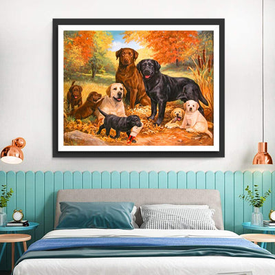 Chiens et Feuilles d'Automne Broderie Diamant