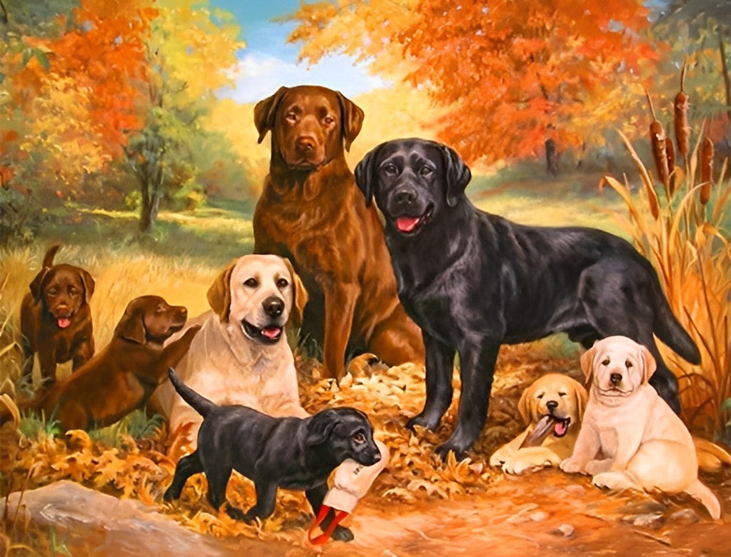 Chiens et Feuilles d'Automne Broderie Diamant