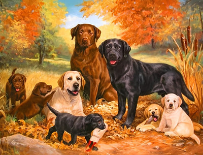 Chiens et Feuilles d'Automne Broderie Diamant