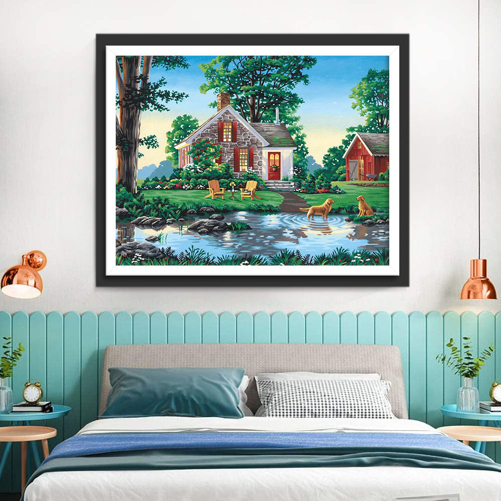 Chiens Golden Retriever Jouant dans l'Eau Broderie Diamant