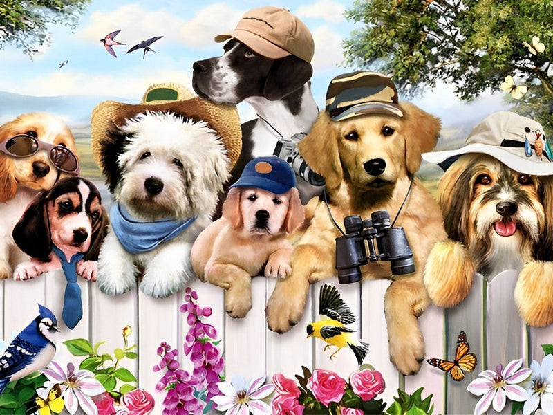 Chiens Se Couchant sur la Clôture Broderie Diamant