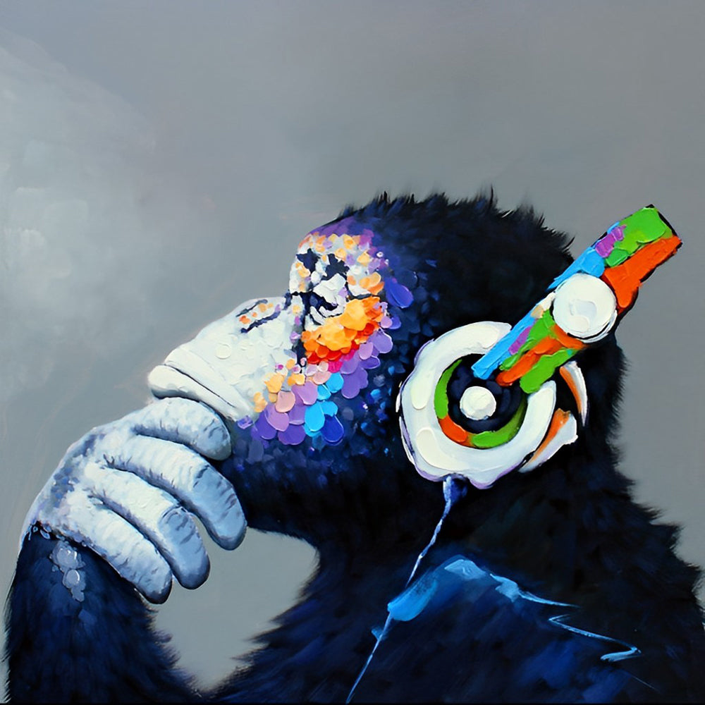 Chimpanzé Penseur Ecoutant de la Musique Broderie Diamant