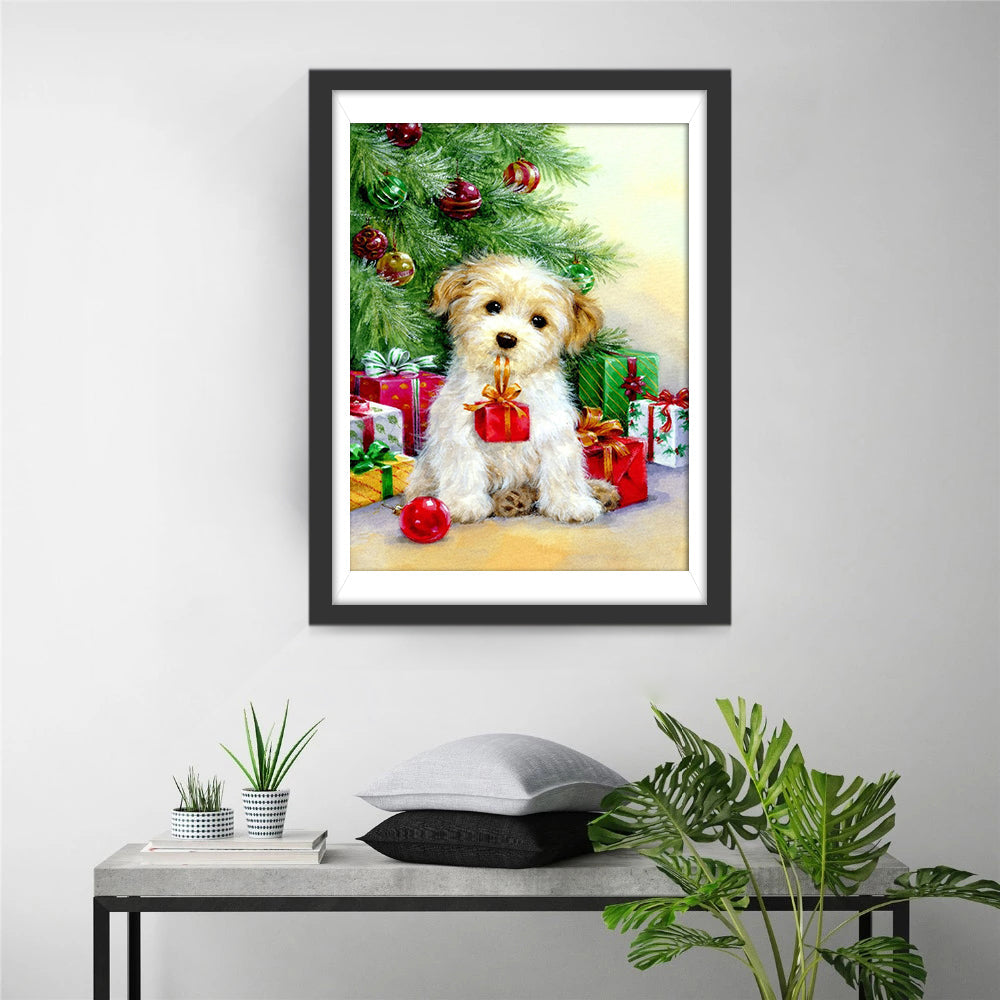 Chiot Bouclé de Noël Portant un Cadeau Broderie Diamant