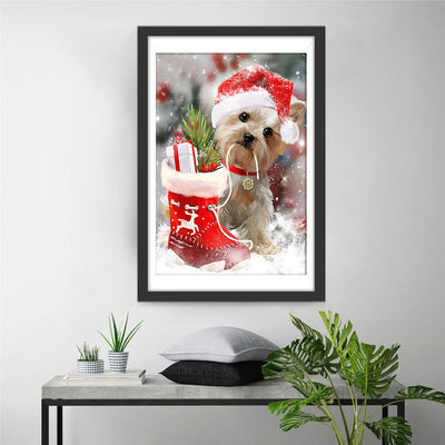 Chiot Doré avec un Bonnet de Noël Fête Broderie Diamant