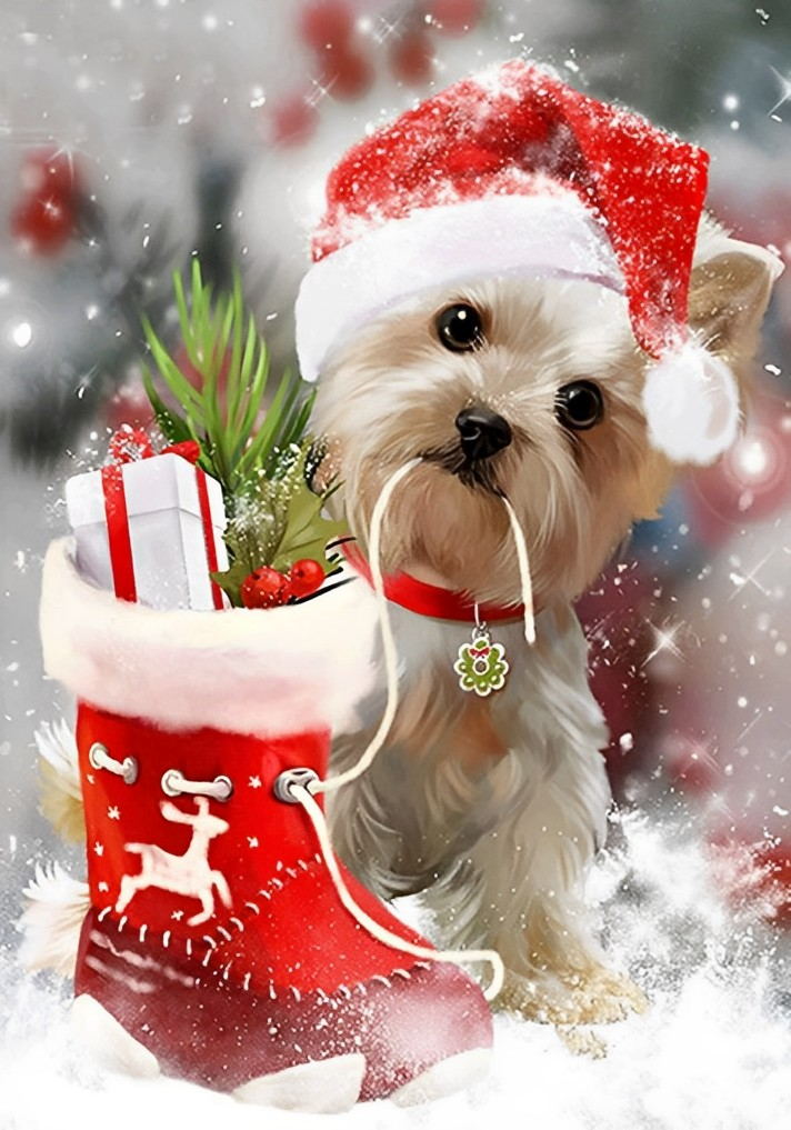Chiot Doré avec un Bonnet de Noël Fête Broderie Diamant