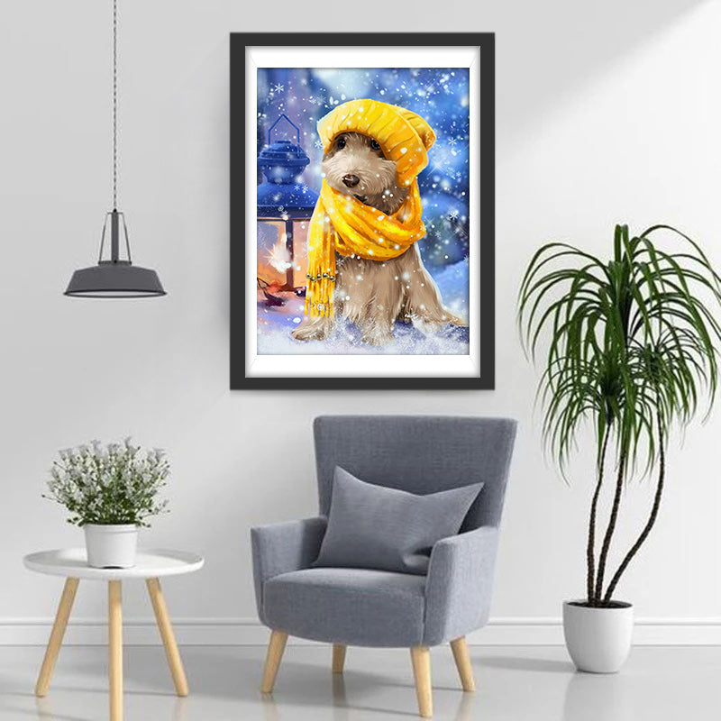 Chiot Doré dans la Neige Broderie Diamant