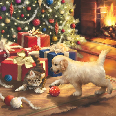 Chiot et Chaton Jouant avec de Balle Colorée Broderie Diamant