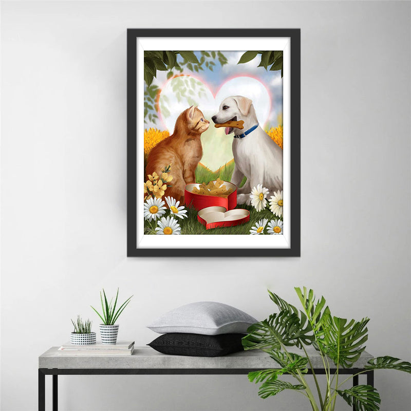 Chiot et Chaton se Regardant Broderie Diamant
