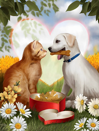 Chiot et Chaton se Regardant Broderie Diamant