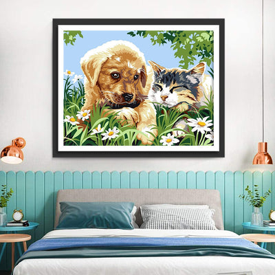 Chiot Golden Retriever, Chat et Petites Marguerites Broderie Diamant