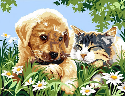 Chiot Golden Retriever, Chat et Petites Marguerites Broderie Diamant