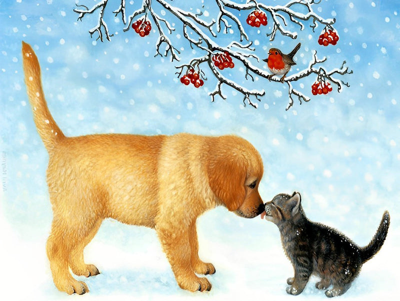 Chiot Golden Retriever et Chaton sur la Neige Broderie Diamant