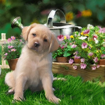 Chiot Golden Retriever Penché de la Tête avec des Fleurs Broderie Diamant